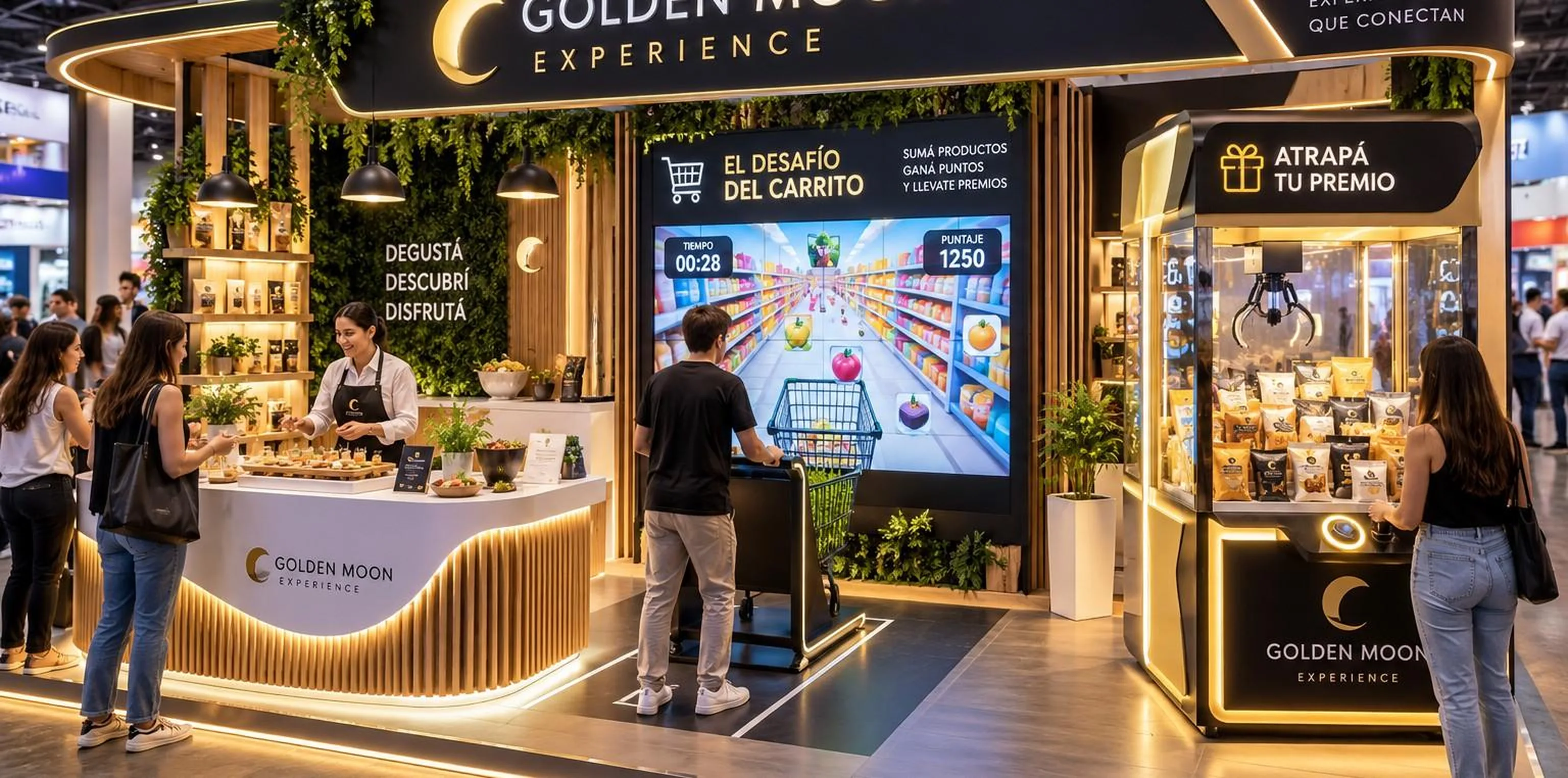 Visualización conceptual de stand Golden Moon con degustación, juego interactivo y premios